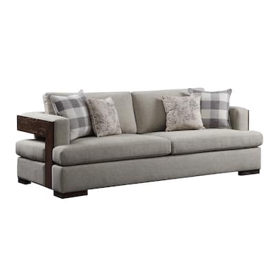 Wooden Sofa with 4 Accent Pillows and Wide Block Legs, Beige