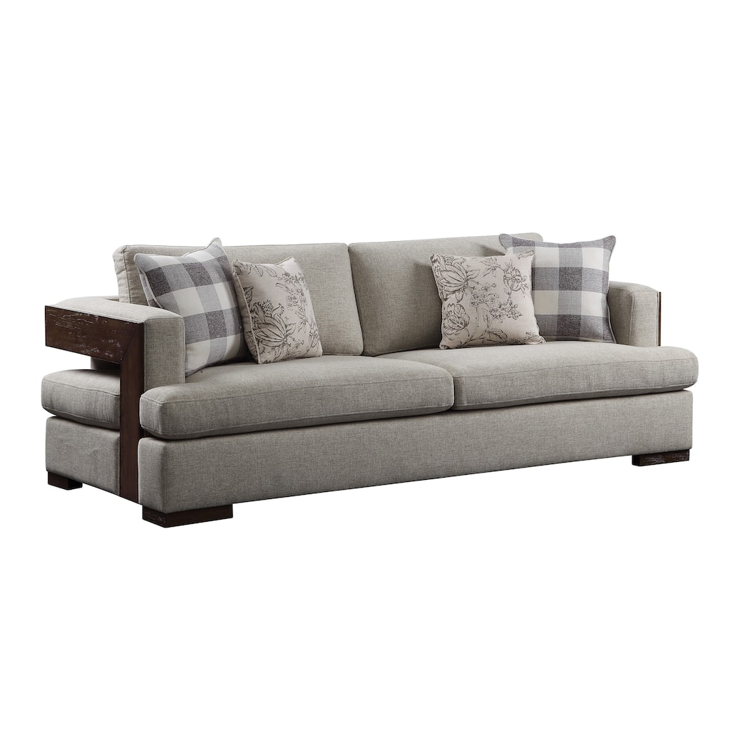 Wooden Sofa with 4 Accent Pillows and Wide Block Legs, Beige