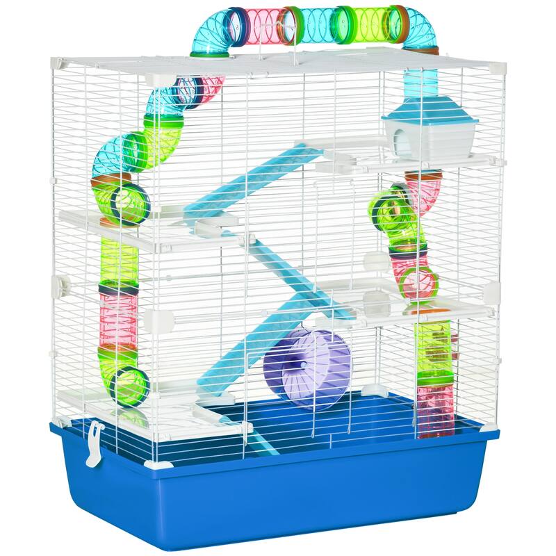 PawHut Extra Large 23" Hamster Cage with Tubes and Tunnels, Portable Carry Handles, Rat House and Habitats Big 5-Tier Design - Hamster - Blue