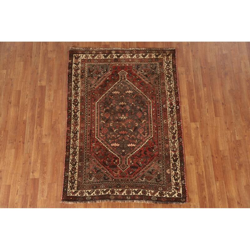 Hand-knotted Qashqai Persian Vintage Area Rug Grey Wool Carpet - 3'9"x 5'6"