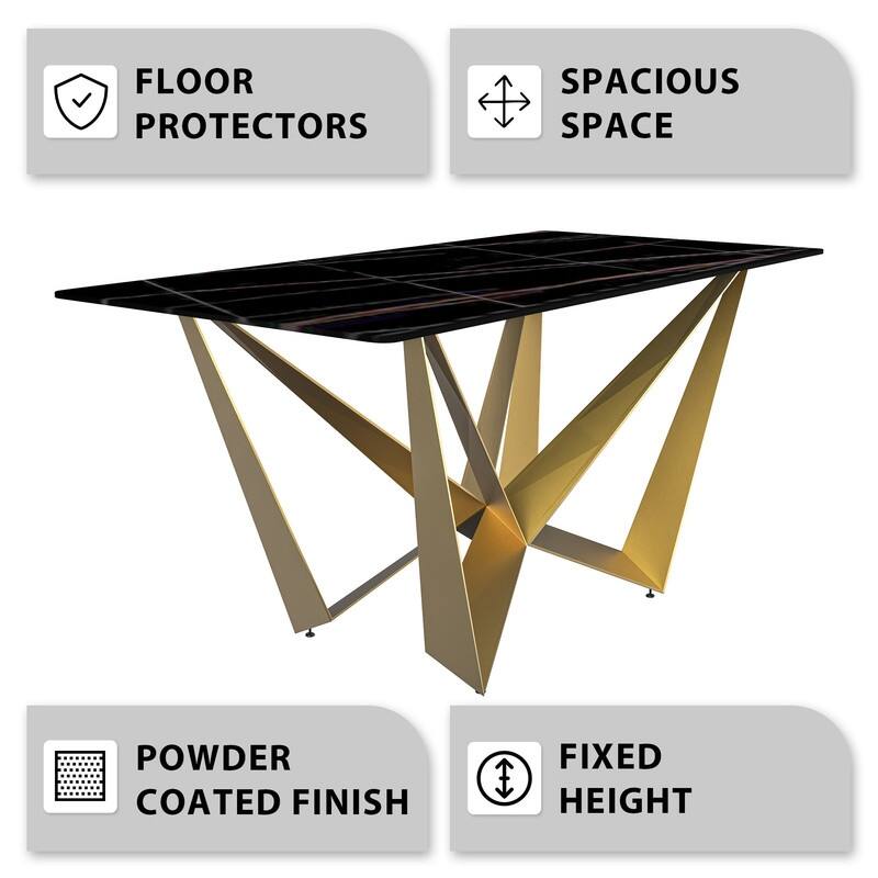 Nuvor Rectangular Sintered Stone or Glass Tabletop Dining Table with Powder-Coated Gold Steel Base for Kitchens & Dining Rooms