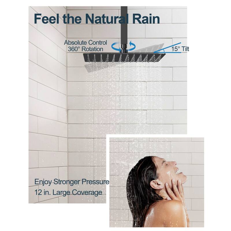 GRANDJOY Dual Shower Heads 12" Ceiling and 6" Wall Mount Body Jets Handheld Shower Spray Rainfall Shower Faucet Set