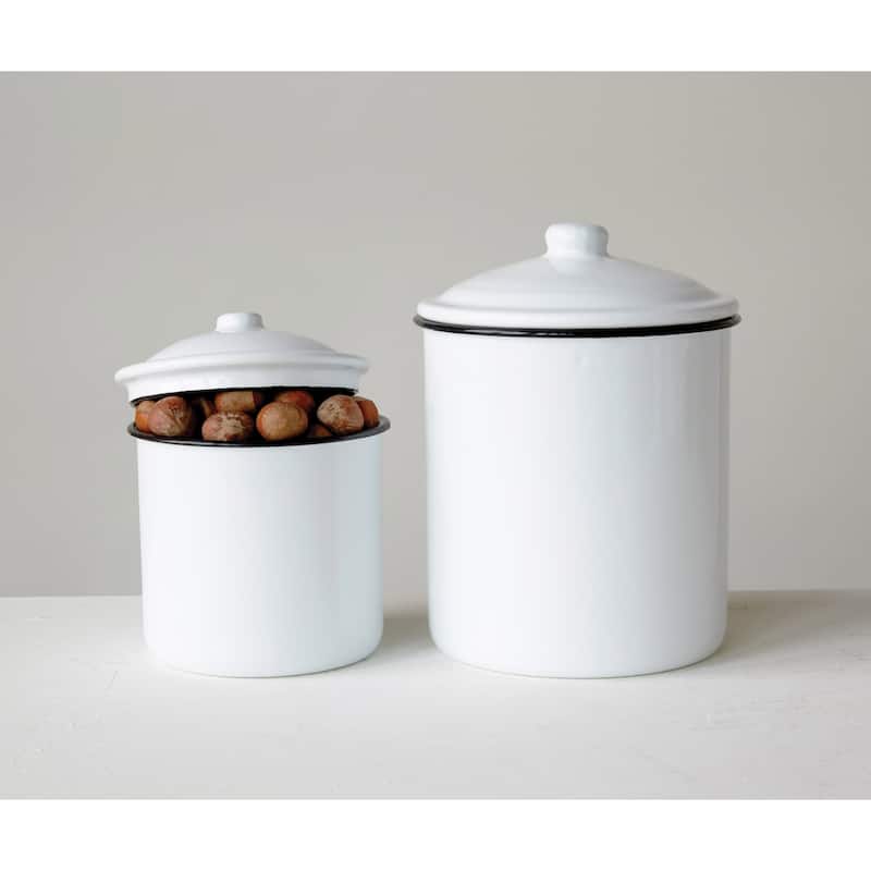 Set of 2 White Enameled Canisters with Lids