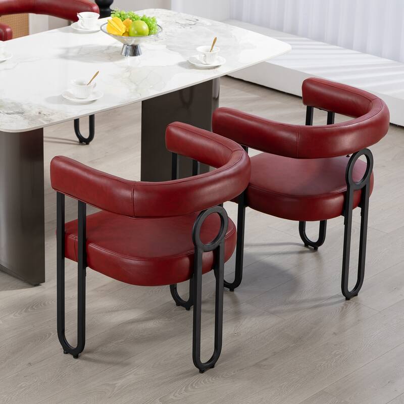 Wine Red PU Upholstered Accent Chair Dining Chair Barrel Side Chairs Kitchen Armchair for Living Room Dressing Room Set of 4 - WINE RED
