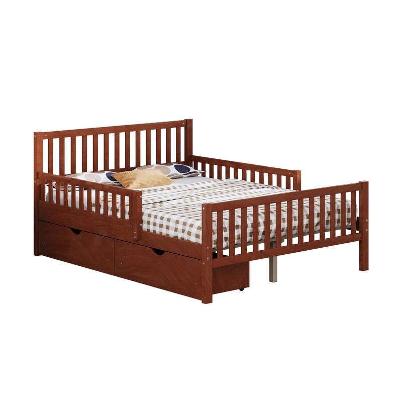 Full Size Wood Platform Bed with Guardrails on Both Sides