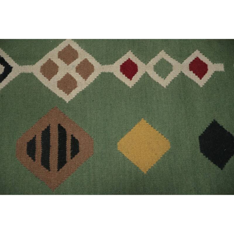 Hand Woven Oriental 100% Wool Carpet Southwestern Tribal Green Kilim Area Rug - 9' 8'' X 5' 1''