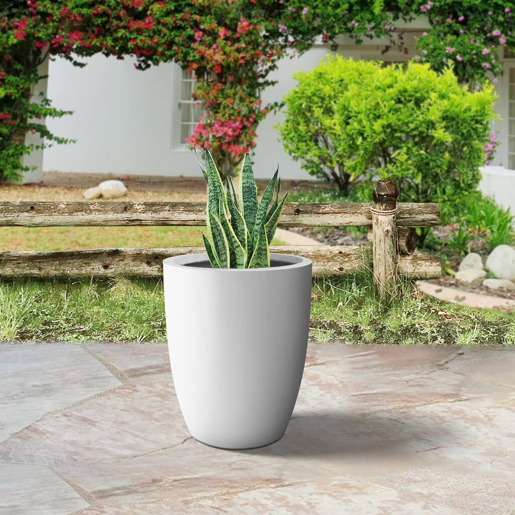 Plantara 18" H Solid White Concrete Round Flower pot, Modern planter with Drainage Hole, Outdoor Plant pot for Garden