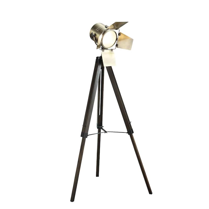 55 Inch Floor Lamp with Tripod Legs, Spotlight Design, Wood, Black Finish - Black, Brass