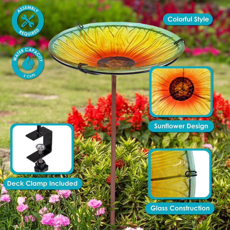 Deck-Mounted Glass Bird Bath with Stake