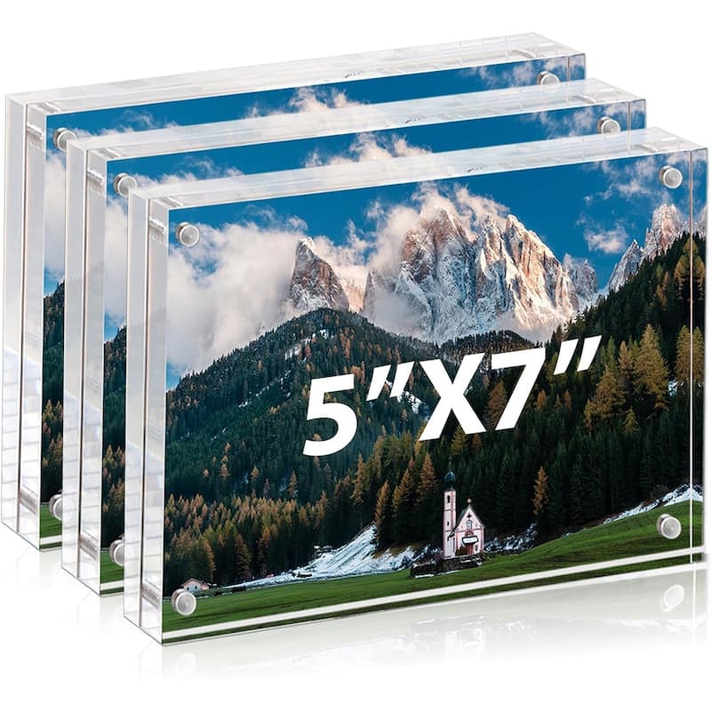 BP4U Acrylic Picture Frames, 3-Pack Tabletop Magnetic Freestanding Photo Frames for Hoem/Office Desktop Display - 5"x7"