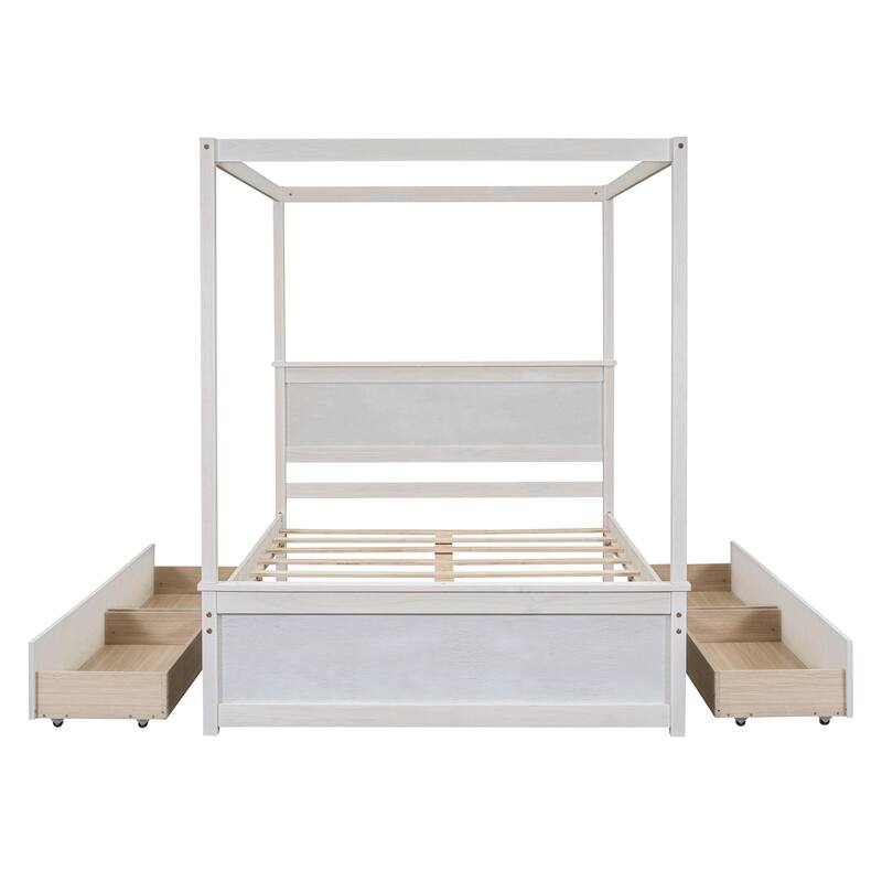 HomeRoots White Wood Full Canopy Bed With Drawers