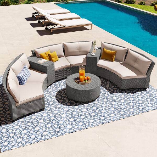 6Person Fanshaped Rattan Sectional Sofa Set with Cushions and Table