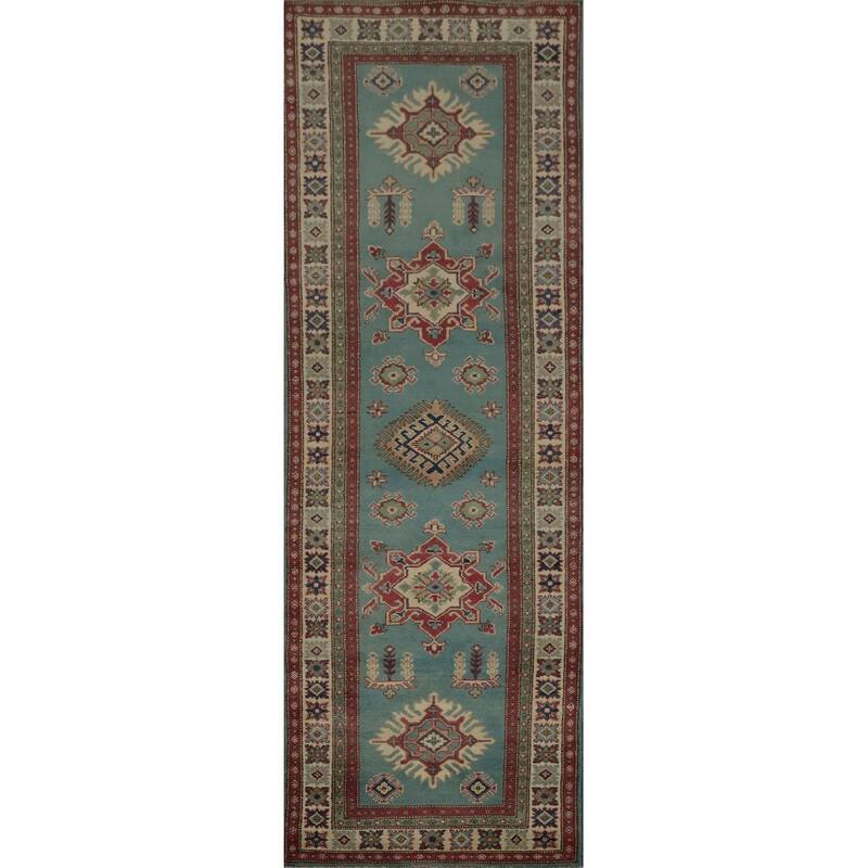 Hand Knotted Oriental 100% Wool Carpet Traditional Geometric Navy Blue & Blues Kazak Runner Rug - 9' 8'' X 2' 9''