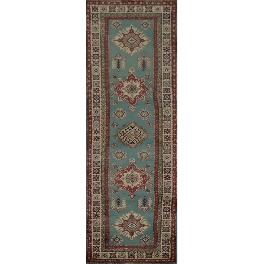 Hand Knotted Oriental 100% Wool Carpet Traditional Geometric Navy Blue & Blues Kazak Runner Rug - 9' 8'' X 2' 9''