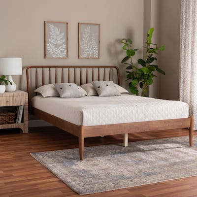 Maeron Mid-Century Modern Walnut Brown Queen Platform Bed with Spindle Headboard