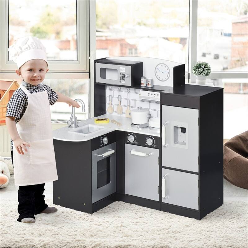 Kids Wooden Corner Kitchen Playset with Sink Stove Refrigerator and Accessories Black Silver - 33.75"L x 25.25"W x 33.25"H