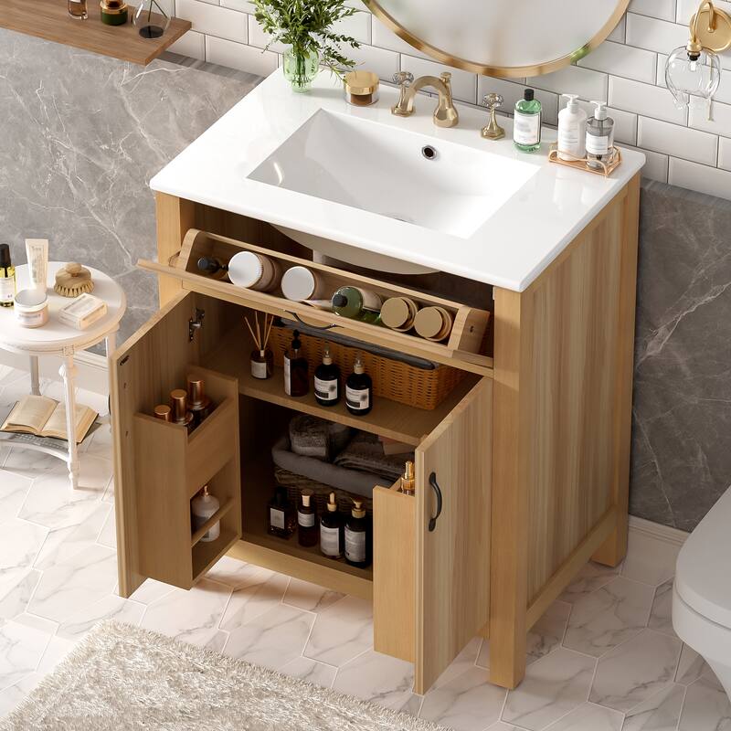 30" Wood Bathroom Vanity with Solid Wood Frame - 2 Soft-Close Doors, 1 Flip Drawer, Adjustable Shelf (Sink Not Included)