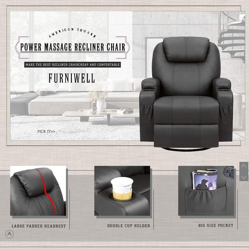 Furniwell Rotary Massage Heated Function Recliner PU Leather Whirl