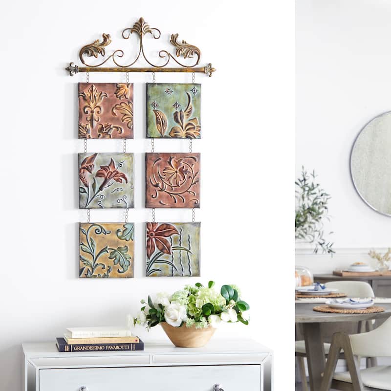 Multi Colored Metal Embossed Floral Home Wall Decor with 6 Suspended Panels and Scroll Details - Multi Colored