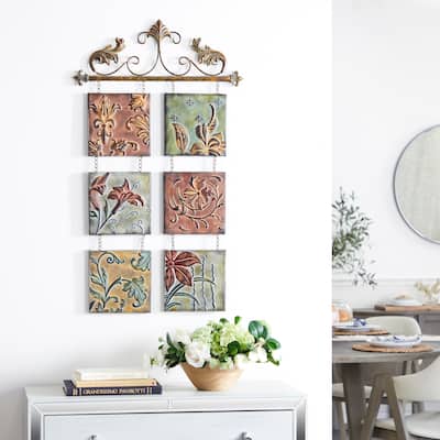 Multi Colored Metal Embossed Floral Home Wall Decor with 6 Suspended Panels and Scroll Details