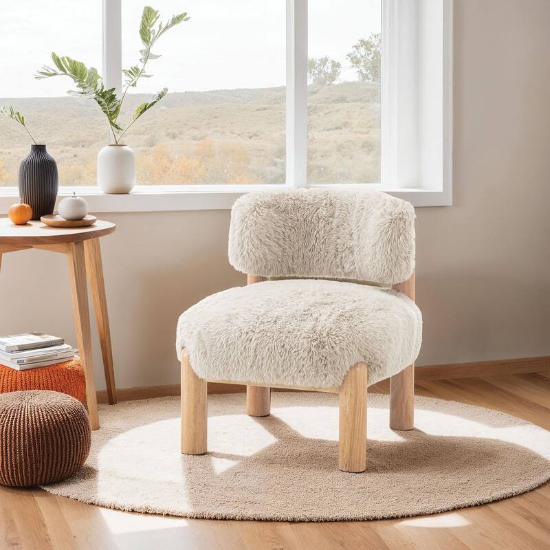 Mushroom Finish Accent Chair Fur Fabric Wooden Legs Curved Backrest Contemporary Primary Living Room