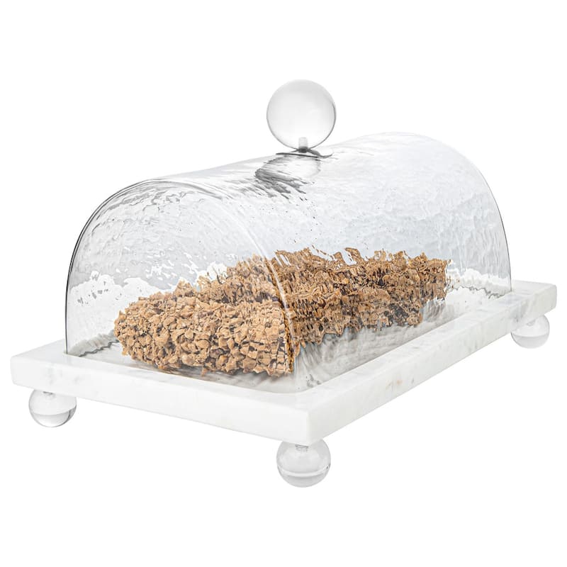 Marble Cake Plater with Glass Cover with Clear Ball Knob - 10.4"L