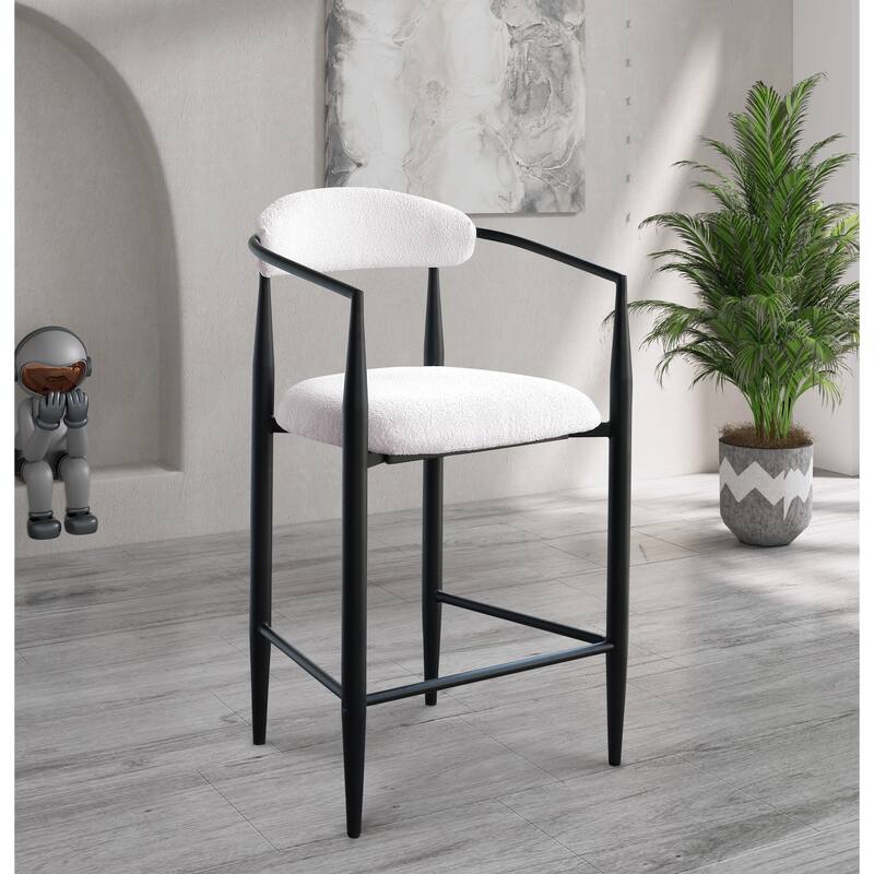 Modern Boucle Bar Stools Set Of 2 Modern Upholstered Bar Height Barstools Vintage High Island Chairs With Metal Frame/Back/Arms