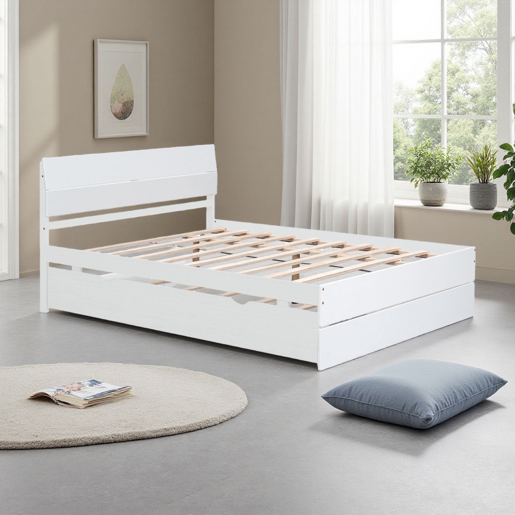 Full Size Modern Bed Frame with Twin Size Trundle and 2 Drawers, MDF and Rubberwood, Space-Saving Design, Easy Assembly