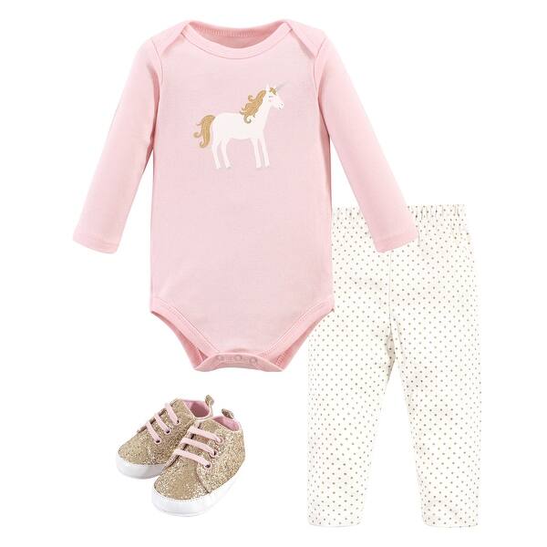 slide 1 of 1, Hudson Baby Infant Girl Cotton Bodysuit, Pant and Shoe 3pc Set, Gold Unicorn 0-3 Months - Gold Unicorn