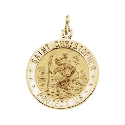 Curata 14k Yellow Gold 22mm Polished Round St. Christopher Medal Necklace, 16"