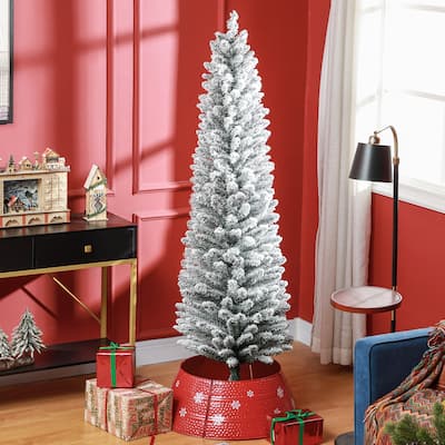 HOMCOM 5ft Artificial Pencil Christmas Tree with 263 Snow Flocked Tips, Metal Base, Realistic Xmas Tree