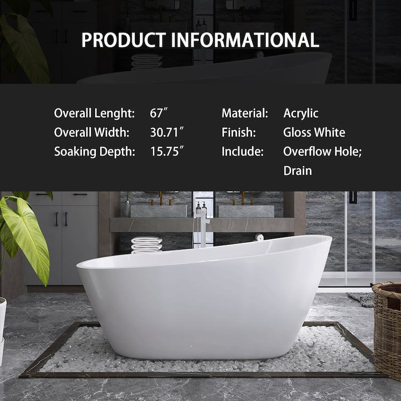 67 in. x 31 in. Acrylic Freestanding Soaking Bathtub in Gloss White