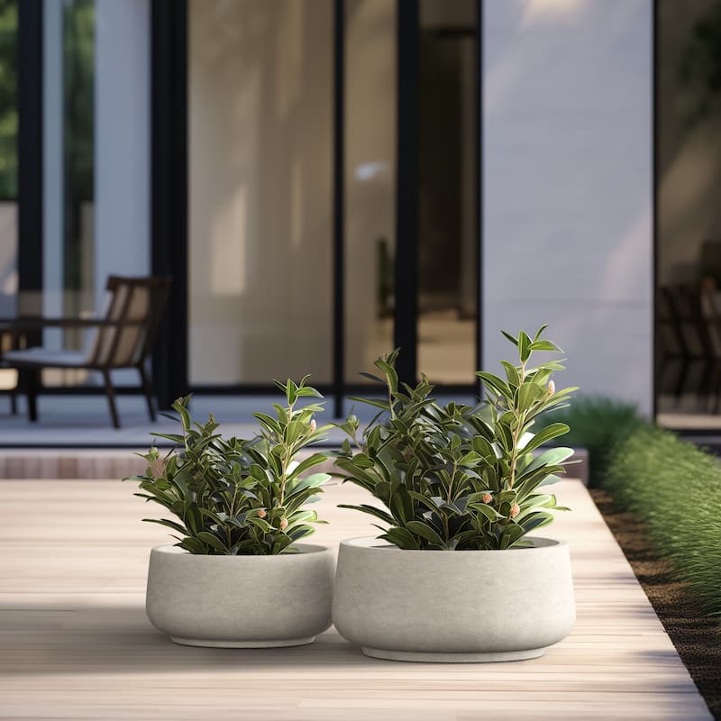 Light Gray Concrete Round Plant Pots / Large Indoor and Outdoor flower Planters - 2 Piece Set (16.5, 13.5 Inch Diameter)