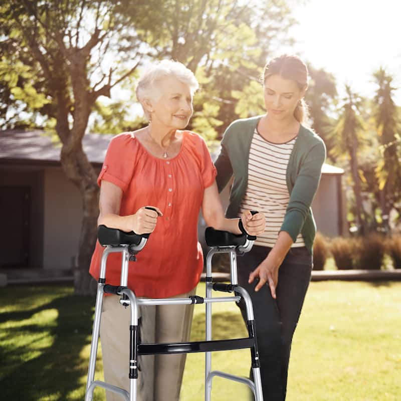 Costway Folding Wheel Walking Frame Adjustable Alloy Walker W/Armrest - See Details