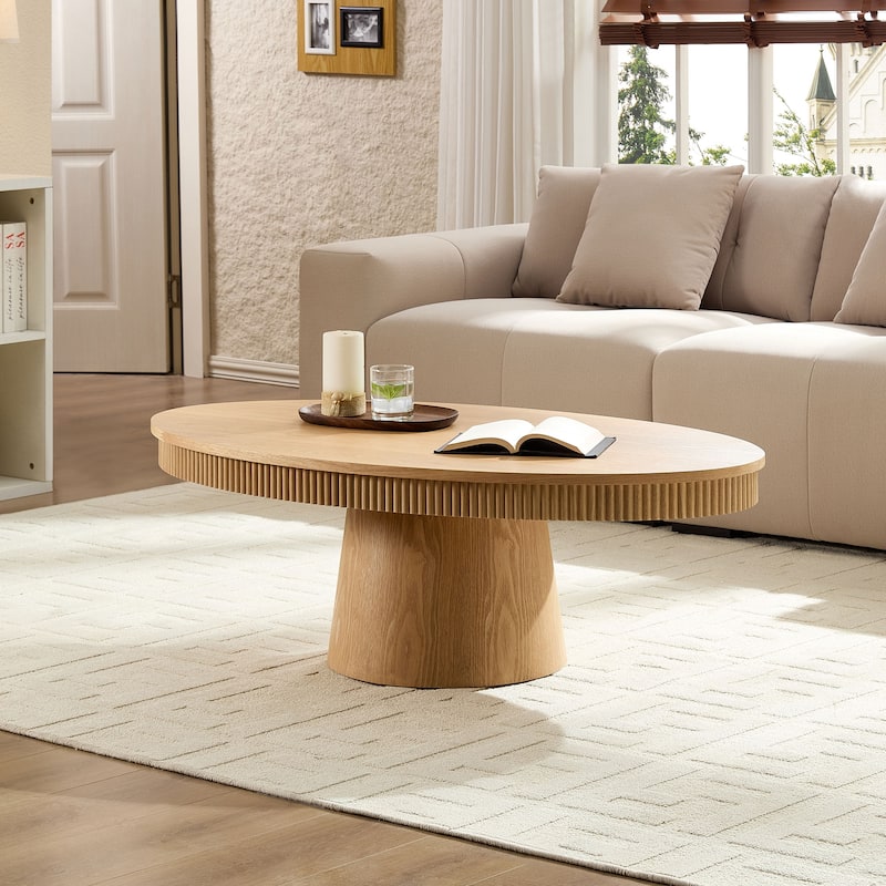 Ellipse Drum Accent Table Modern Oval Handcraft Coffee Table with Fluted Design and Sturdy Pedestal for Living Room
