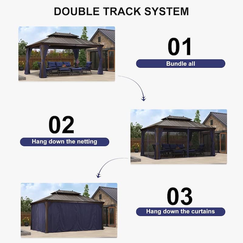 PURPLE LEAF Outdoor Hardtop Gazebo For Patio Bronze Aluminum Frame Pavilion With Navy-Blue Curtain