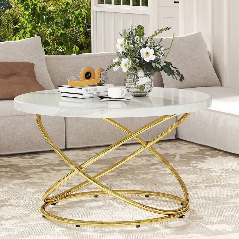Tempered Glass Top Round Coffee Table with Metal Base
