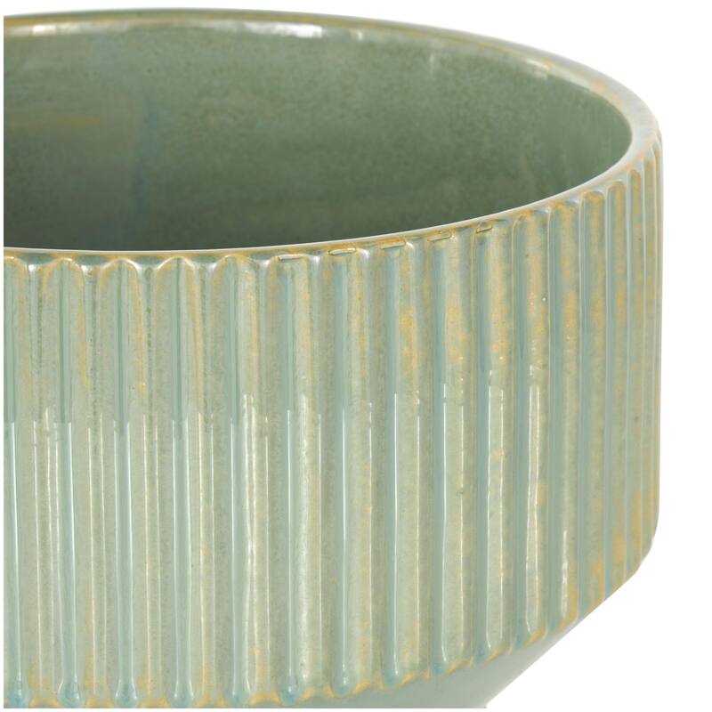 Ceramic Wide Indoor Outdoor Planter with Linear Grooves and Tapered Bases - Set of 3 Green, White, Cream - Roche River Decor
