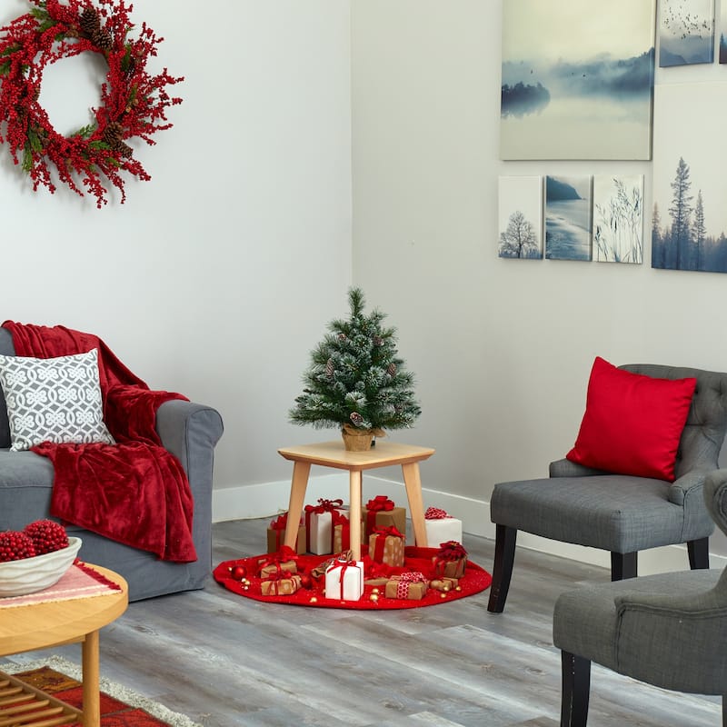 2ft. Frosted Pine Artificial Christmas Tree with 35 Clear LED Lights, Pinecones & Burlap Base - Petite Holiday X-Mas Accent