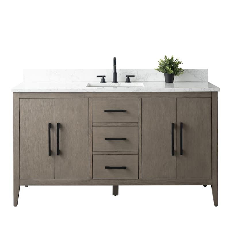 Vanity Art 60" Single Sink Bathroom Vanity Cabinet with Engineered Marble Countertop - 60"/Matte Black Handle - Driftwood Gray
