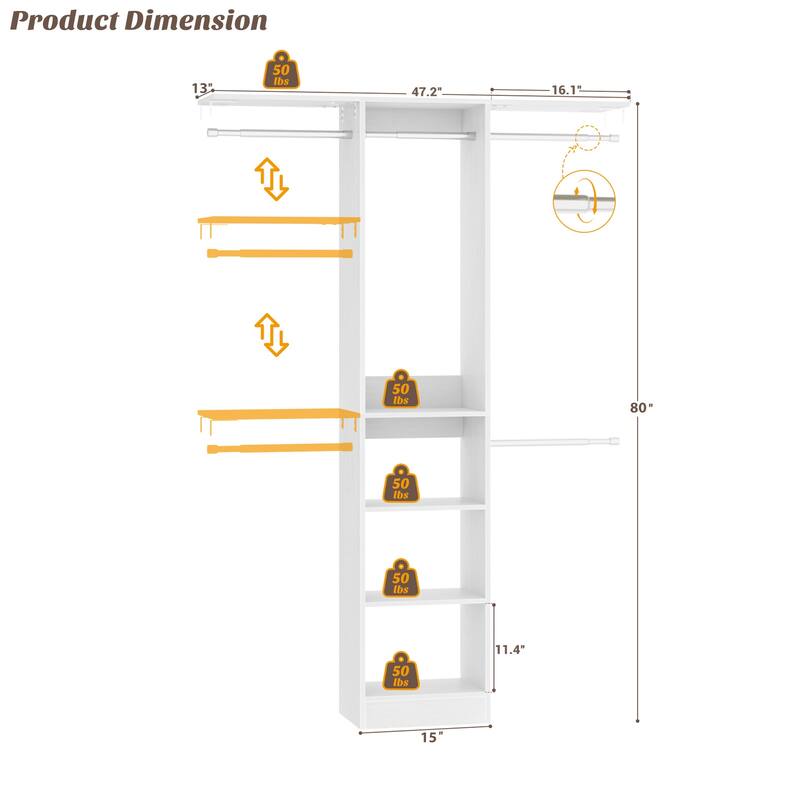 4 FT Closet Organizer with 4 Hanging Rods, Small Closet System with Storage Shelves