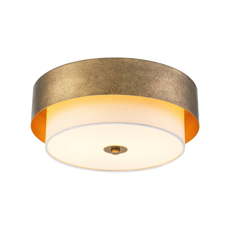 13.8" W Mid-Century Modern Tiered Flower/Circluar Drum Ceiling Light in Distressed Stain Gold with White Fabric Shade