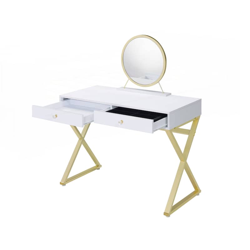 Coleen White & Gold Finish Vanity Desk