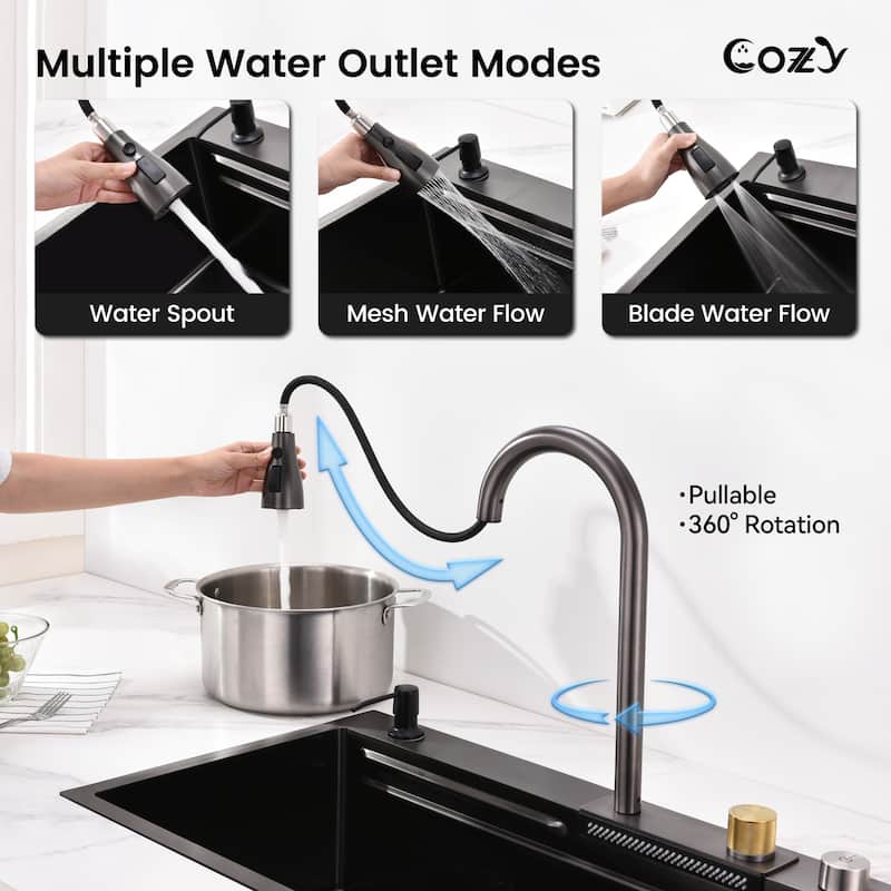 Black 30 Inch Single Bowl Stainless Steel Base Kitchen Sink with Pull-Out Faucet, Cutting Board, Nested Basin