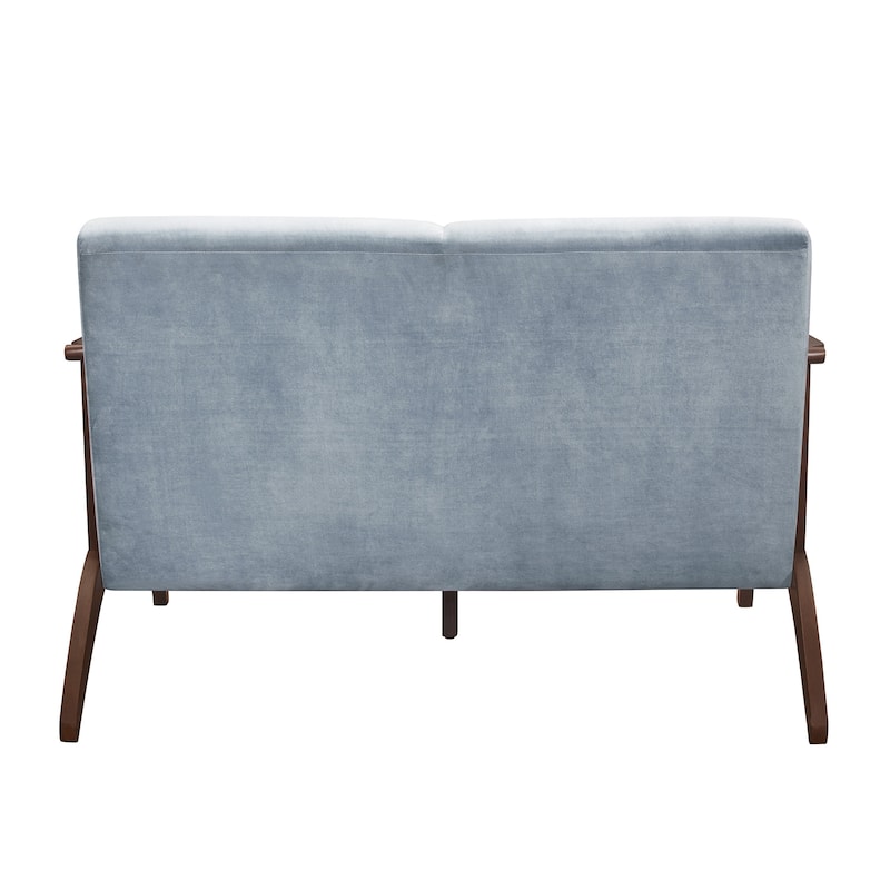 Rica 51 Inch Loveseat, Soft Blue Gray Velvet, Walnut Brown Solid Wood