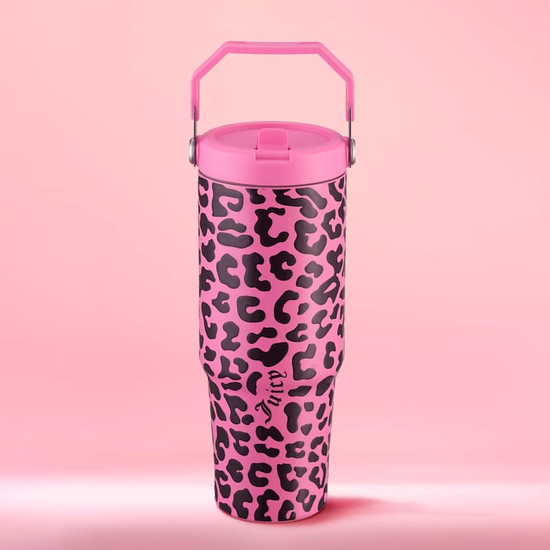 Juicy Couture Flip & Sip Hydration Stainless Steel Screw Top Tumbler with Flip Straw and Carry Handle - 30oz - Hot Pink Leopard