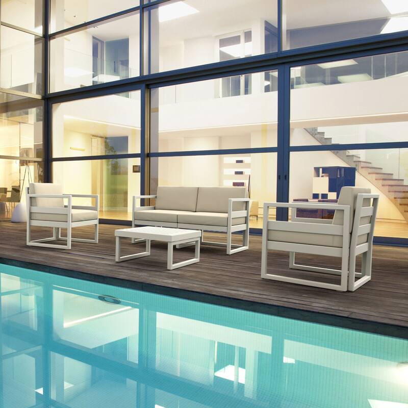 4 Piece White Outdoor Patio Lounge Set with Natural Sunbrella Cushion 54.5"