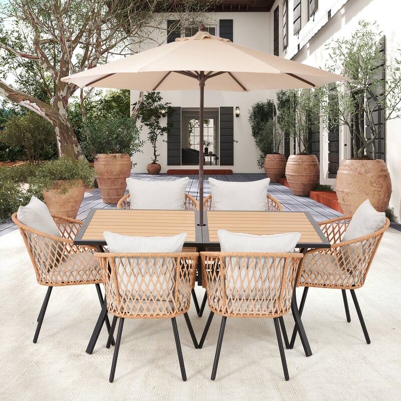 EROMMY 7 Piece Outdoor Dining Set with Umbrella Hole, Patio Table and 6 Rattan Chairs with Cushions, Weather-Resistant Furniture