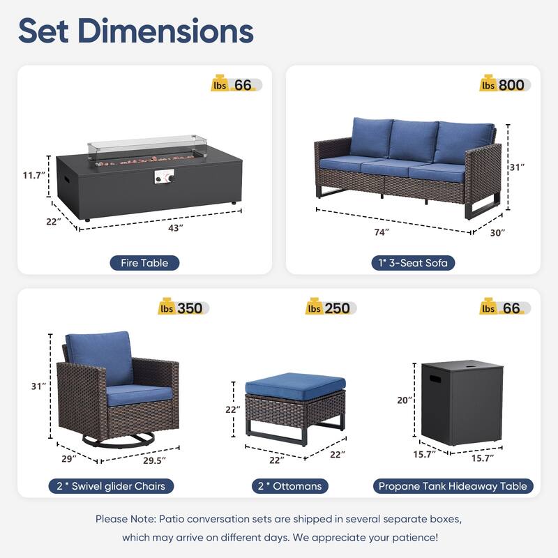 Pocassy Patio 5/7PCS Sofa Swivel Chair Ottoman with Fire Pit Table