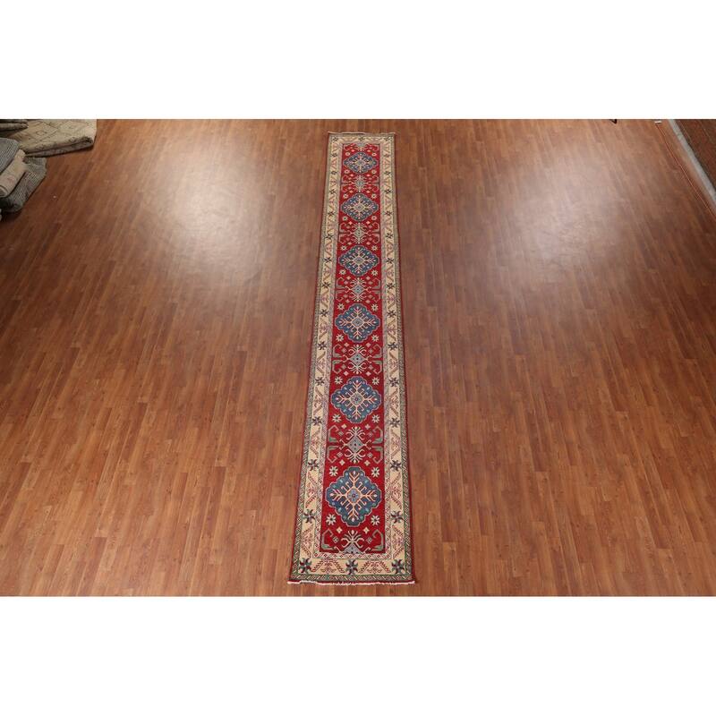Geometric Red Kazak Oriental Runner Rug Handmade Wool Carpet - 2'6" x 16'0"